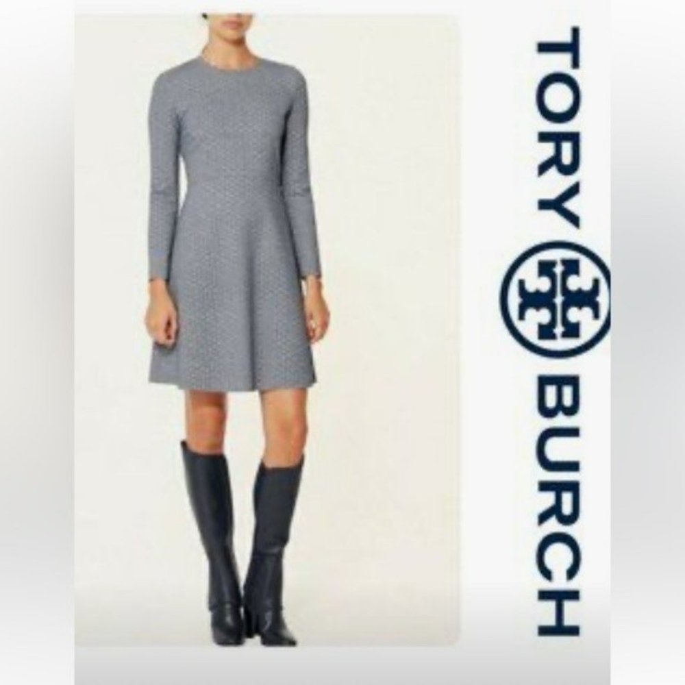Tory Burch Corinne Ivory/Blue Navy Chain Gemini Print A-line Ponte Knit Dress
